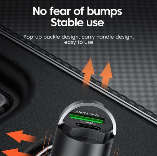 2 portos max 100W-os autós gyorstöltő adapter - 12/24V – USB-A + USB-C (PD/QC)