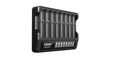 XTAR MX8 8 csatornás univerzális akkumulátor töltő LCD kijelzővel – Li-ion, Ni-MH és 1,5V Li-ion (18650, 21700, AA, AAA)